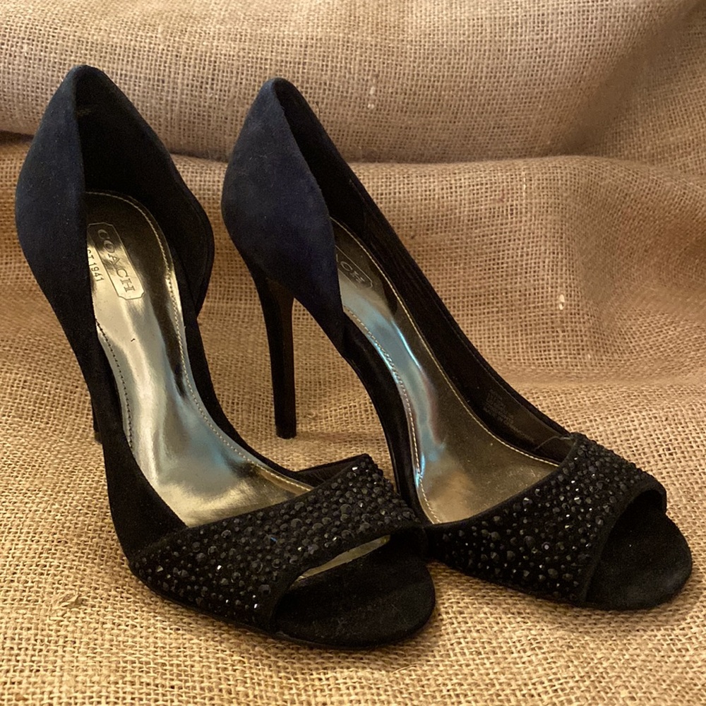 NWOT Coach suede heels with black rhinestones 🖤